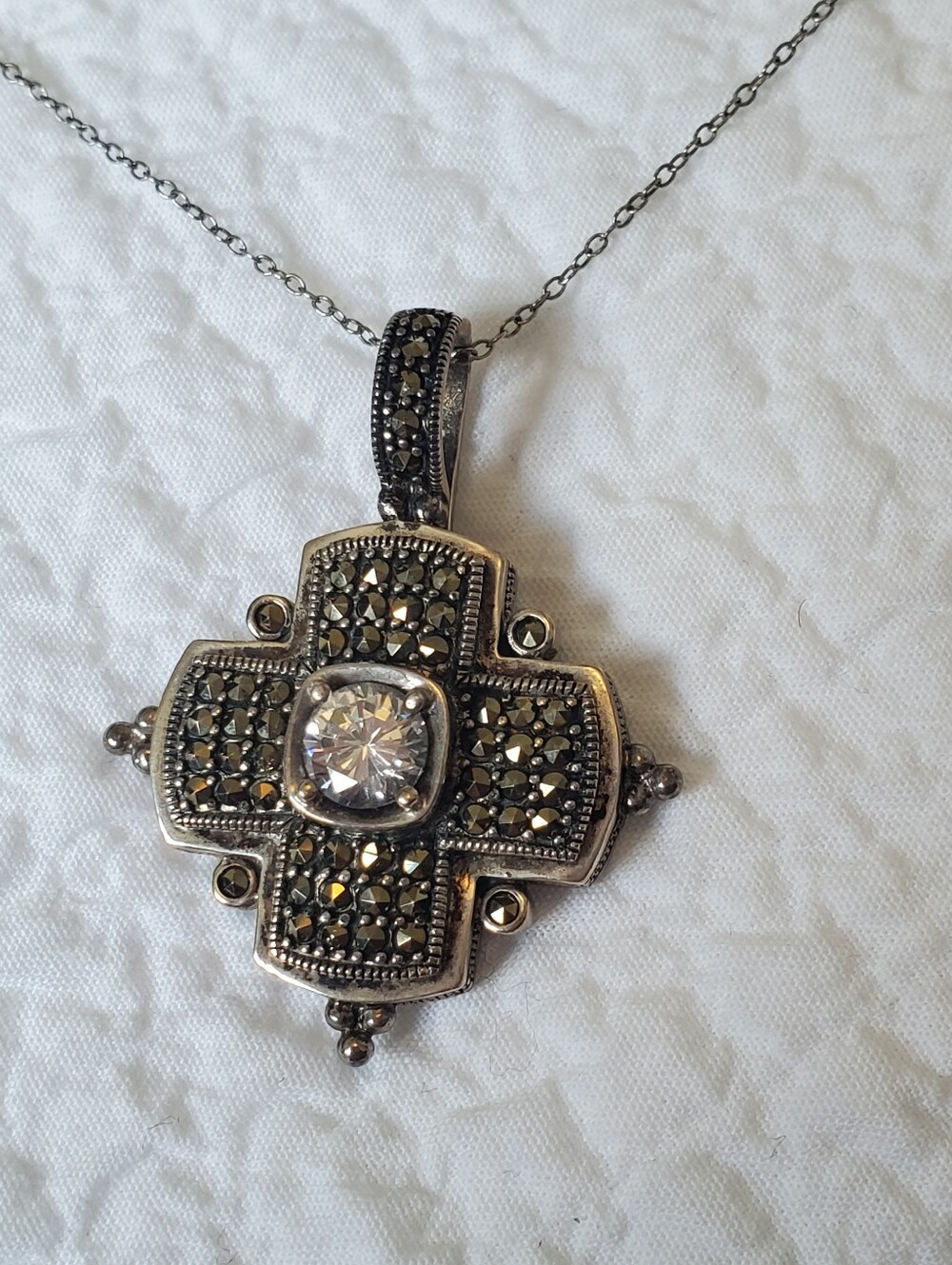 Vintage Sterling Silver Cross Pendant Necklace w Black Marcasite & Clear Stone